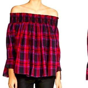 Maje Lafox Off The Shoulder Plaid Top